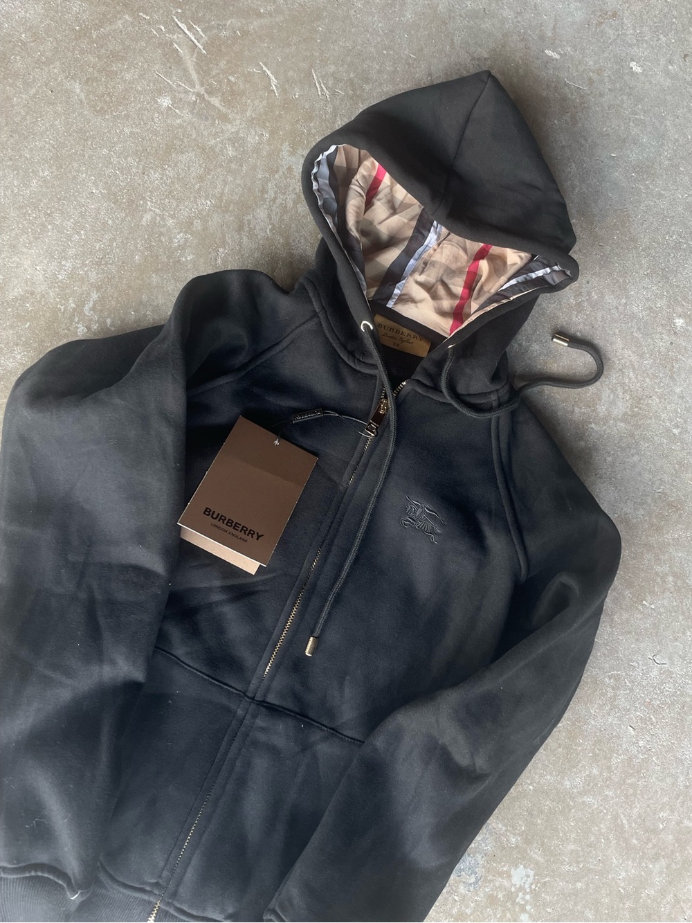 Burberry Black Hoodie with Classic Check Hood Lining